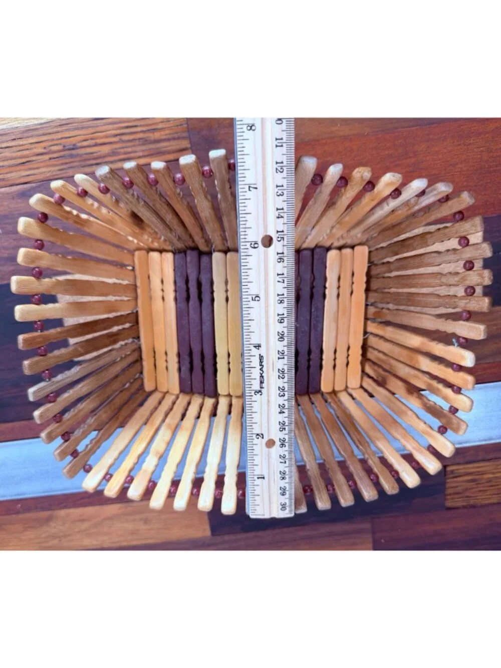 Vintage Mid-Century Modern Bamboo Wood Slat Basket – Dual-Tone Boho Fruit & Brea